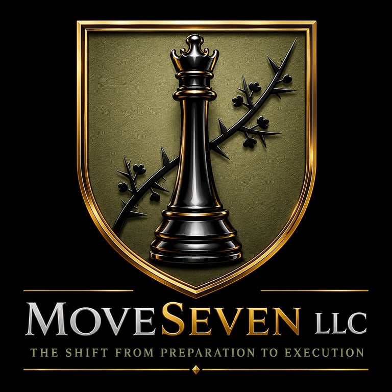 MoveSeven LLC logo featuring a black queen chess piece on a shield with decorative branches and tagline The Shift from Preparation to Execution