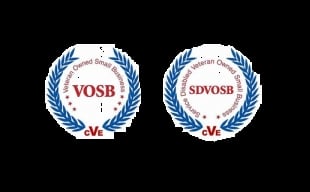 Two certification badges with blue laurel wreaths featuring VOSB and SDVOSB designations on a black background