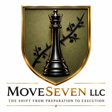 MoveSeven LLC logo featuring a black chess queen with olive branches on a gold shield background