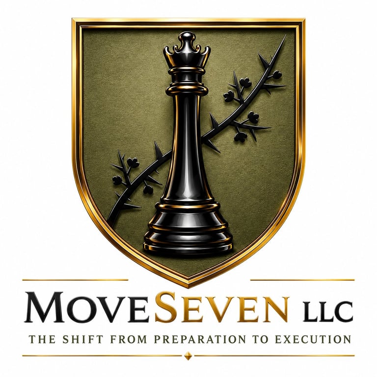 MoveSeven LLC logo featuring a black chess queen with olive branches on a gold shield background
